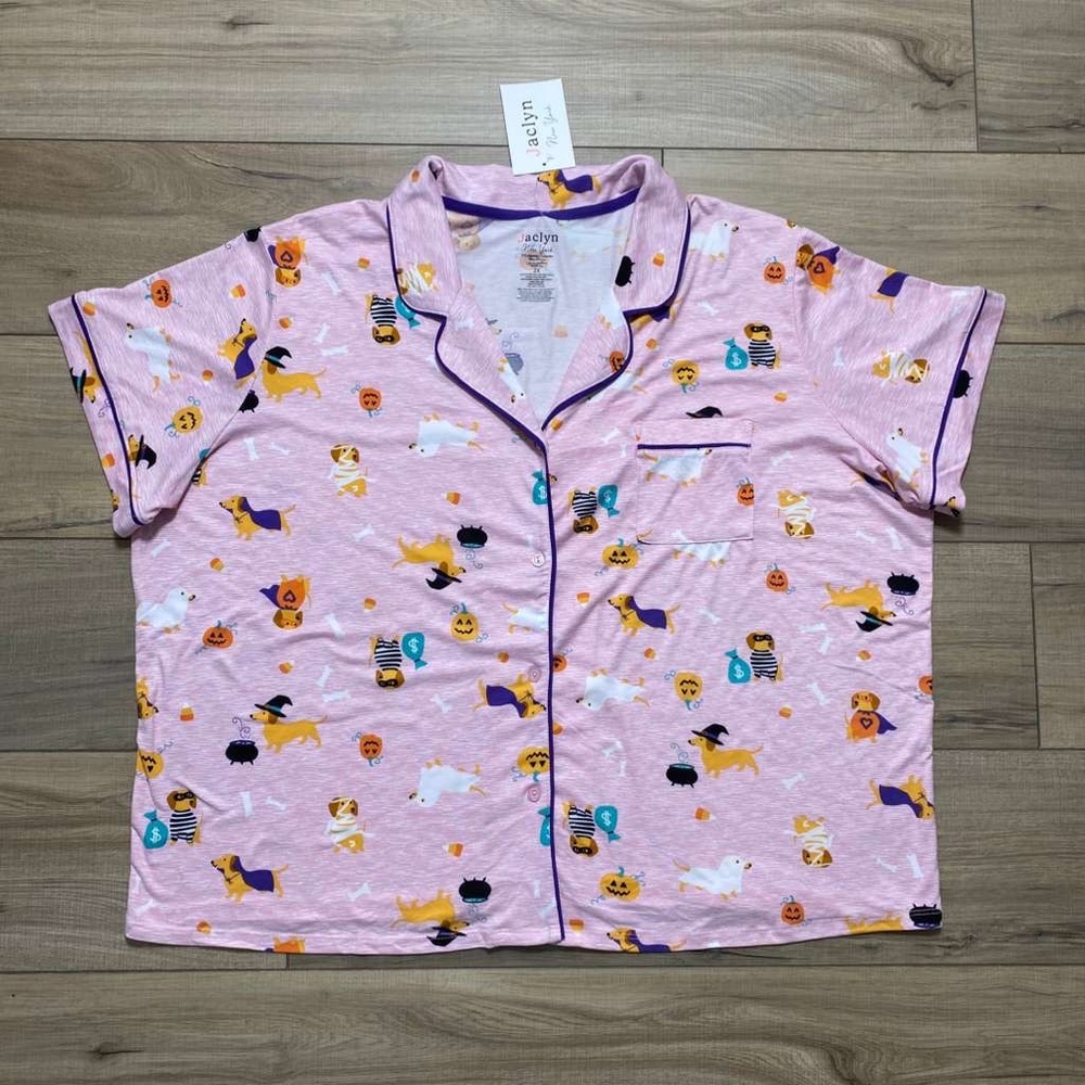 Jaclyn New York Womens Dogs And‎ Pumpkins Halloween Pajama Top Pink Size 2X